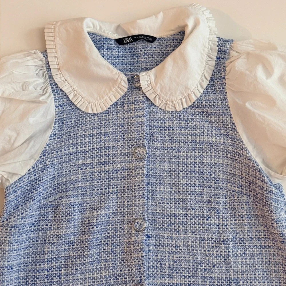Zara Tweed Top Womens M Blue White Peter Pan Collar Puff Sleeve Fringe Preppy